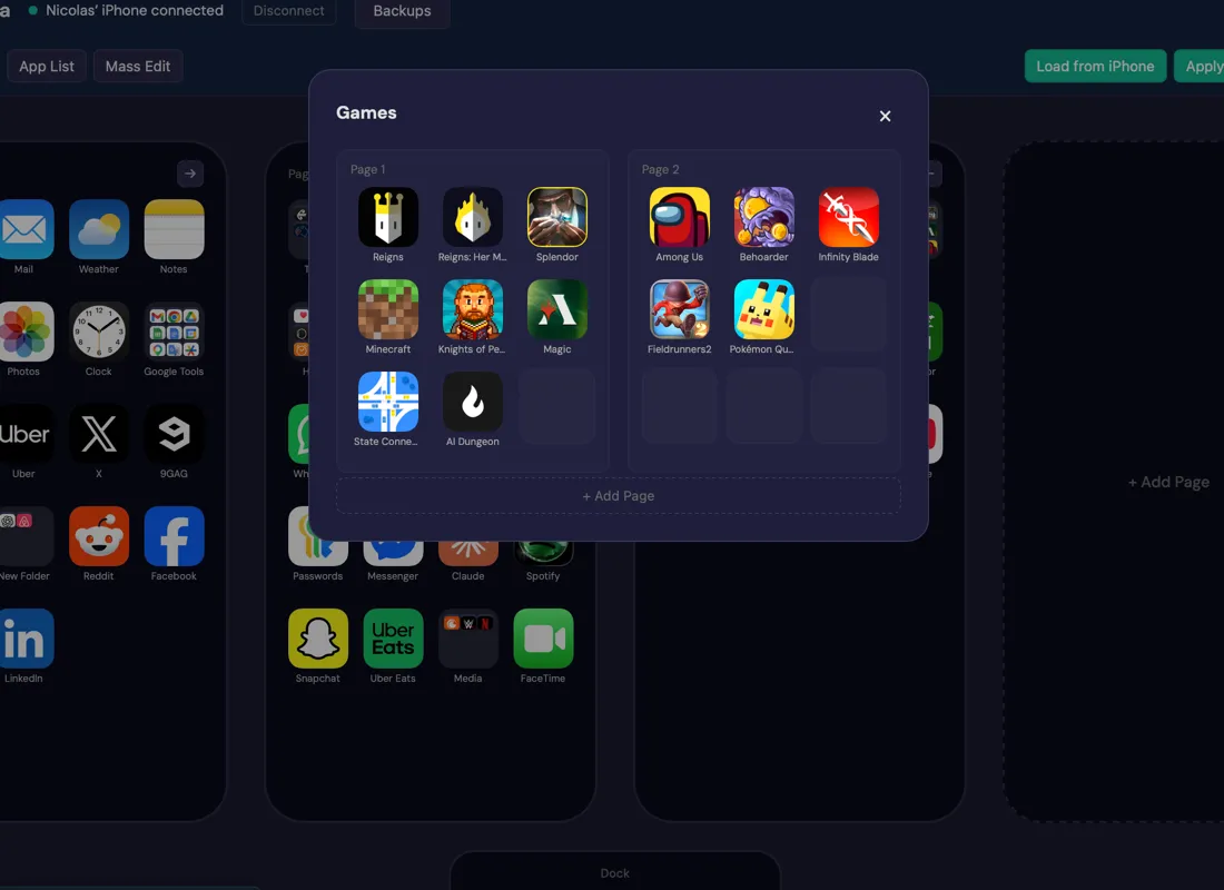 Games folder popup showing 11 game apps across 2 folder pages with an Add Page button
