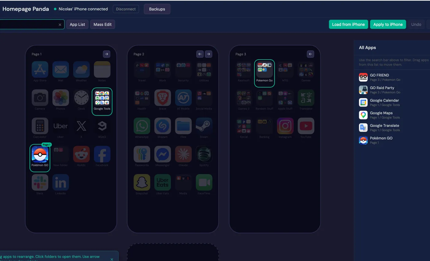 Search bar showing 'go' query with matching apps highlighted across all pages and the All Apps sidebar listing matching apps with their page locations