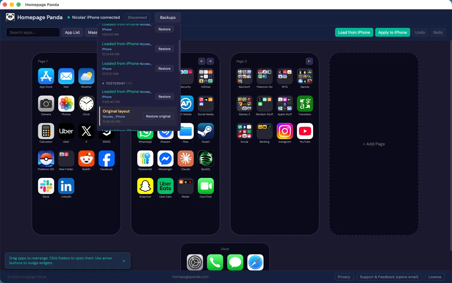 Homepage Panda editor showing the Apply to iPhone button and backup history dropdown with chronological layout snapshots and restore buttons