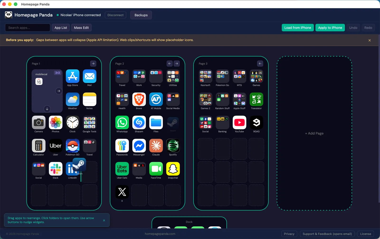 Homepage Panda editor showing an app being dragged between home screen pages with the cursor