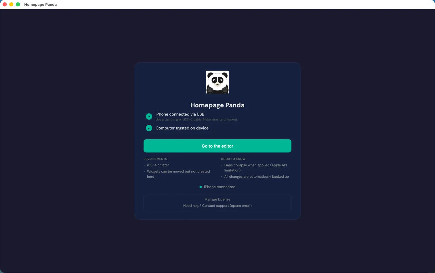 Homepage Panda onboarding screen showing iPhone connected via USB with green checkmarks for connection and trust status